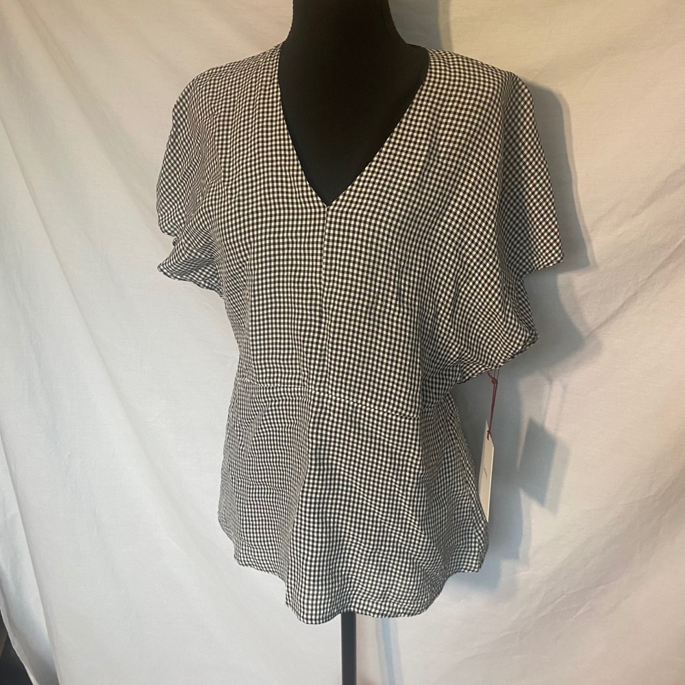 Lewit Black White Gingham V-Neck Short Sleeve Peplum Blouse NWT Size S